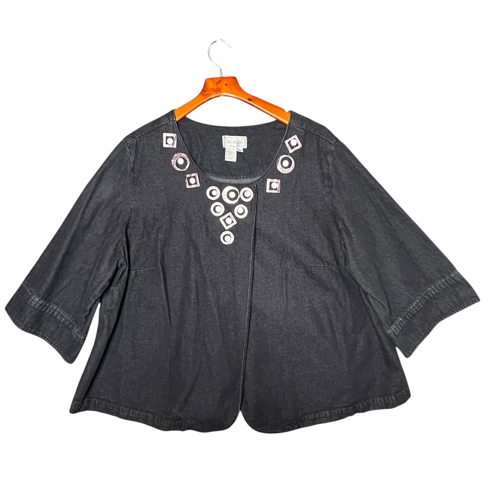 Live a Little Denim Jacket Black Statement Unique 3/4 Sleeve‎ Women 2X Boutique